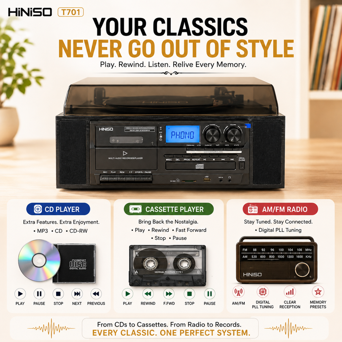 HINISO T701 10-in-1 Vinyl Turntable Record Player with Bluetooth, CD, Cassette