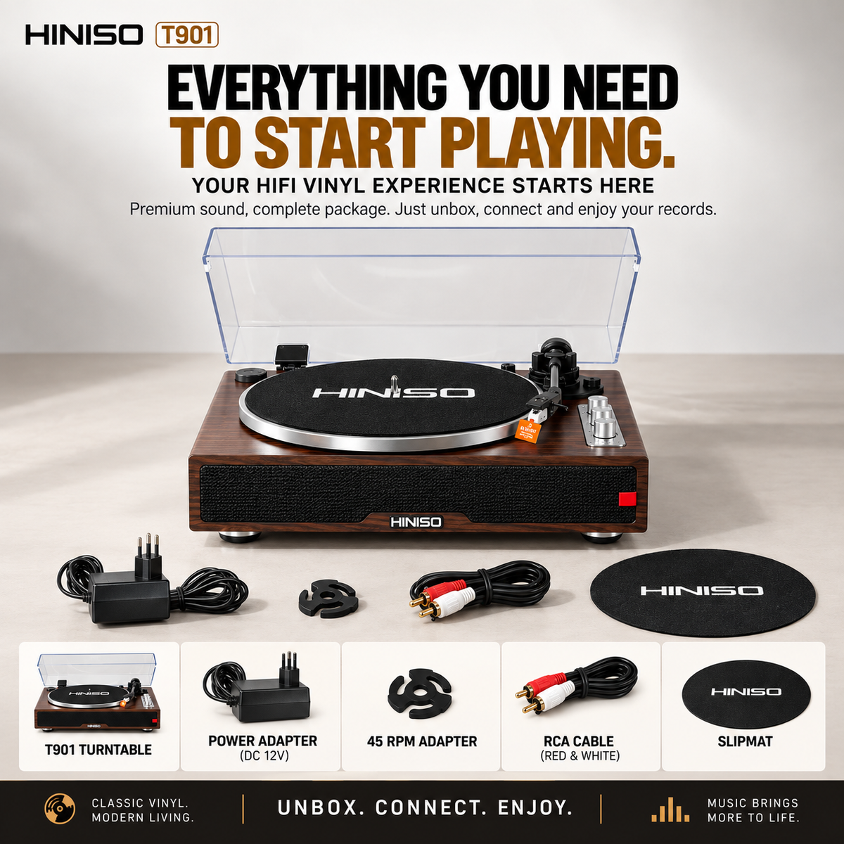 HINISO T901 HiFi Wooden Turntable with Bluetooth In & Out, Phono Amp