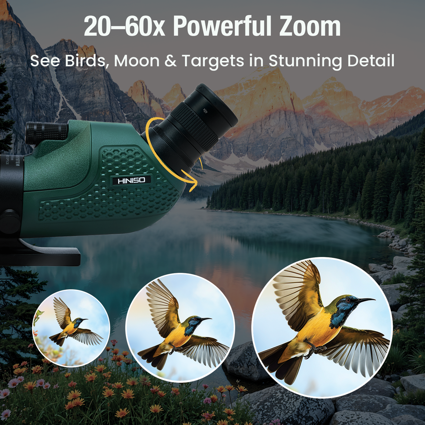 Hiniso 20-60x60 HD Spotting Scope with Tripod & Phone Mount | Waterproof BAK4 Prism Telescope for Bird Watching, Wildlife, Stargazing & Moon Viewing