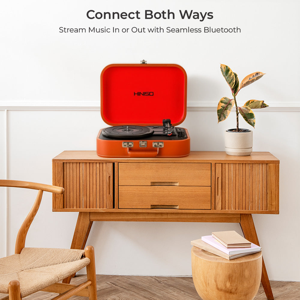 Hiniso Vintage Bluetooth Vinyl Record Player – 2-Way Bluetooth (In/Out), USB Recording | 3-Speed Turntable with Built-in Speakers | Convert Vinyl to MP3 | New T416 Design