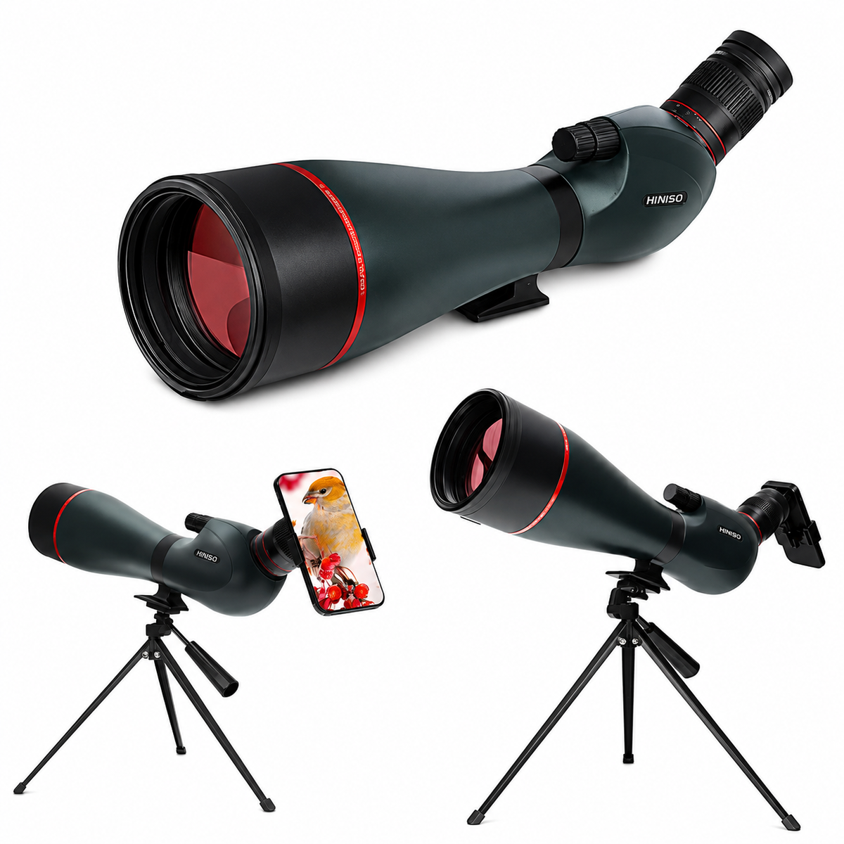 HINISO 25-75x100mm ED Spotting Scope, HD Optics, BAK4 Prism, Waterproof, Dual Focus, Tripod & Phone Adapter for Bird Watching