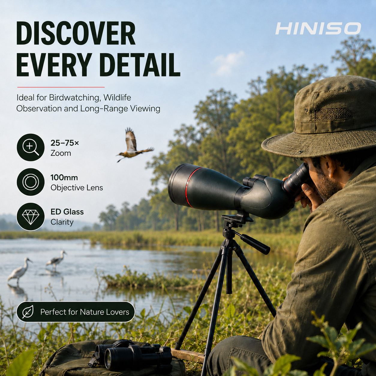HINISO 25-75x100mm ED Spotting Scope, HD Optics, BAK4 Prism, Waterproof, Dual Focus, Tripod & Phone Adapter for Bird Watching
