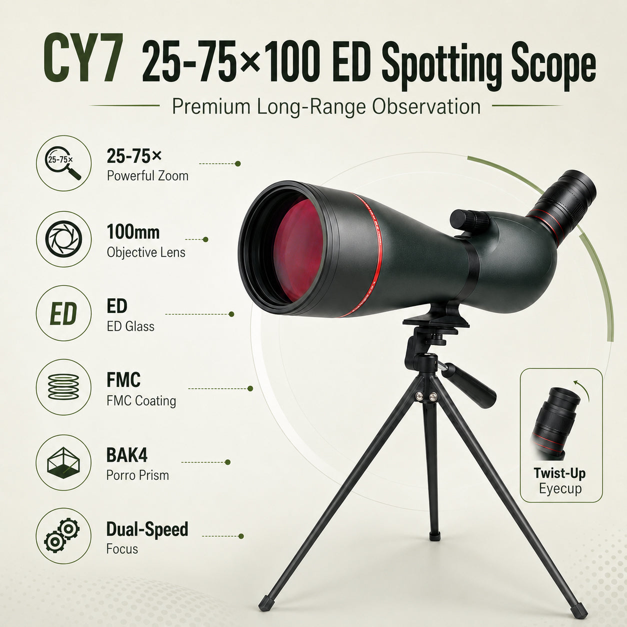 HINISO 25-75x100mm ED Spotting Scope, HD Optics, BAK4 Prism, Waterproof, Dual Focus, Tripod & Phone Adapter for Bird Watching
