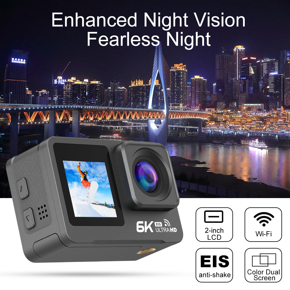 HINISO 6K Action Camera for Vlogging With Dual Touch Screen, 256GB, Remote Control, UHD, EIS, Waterproof Camera