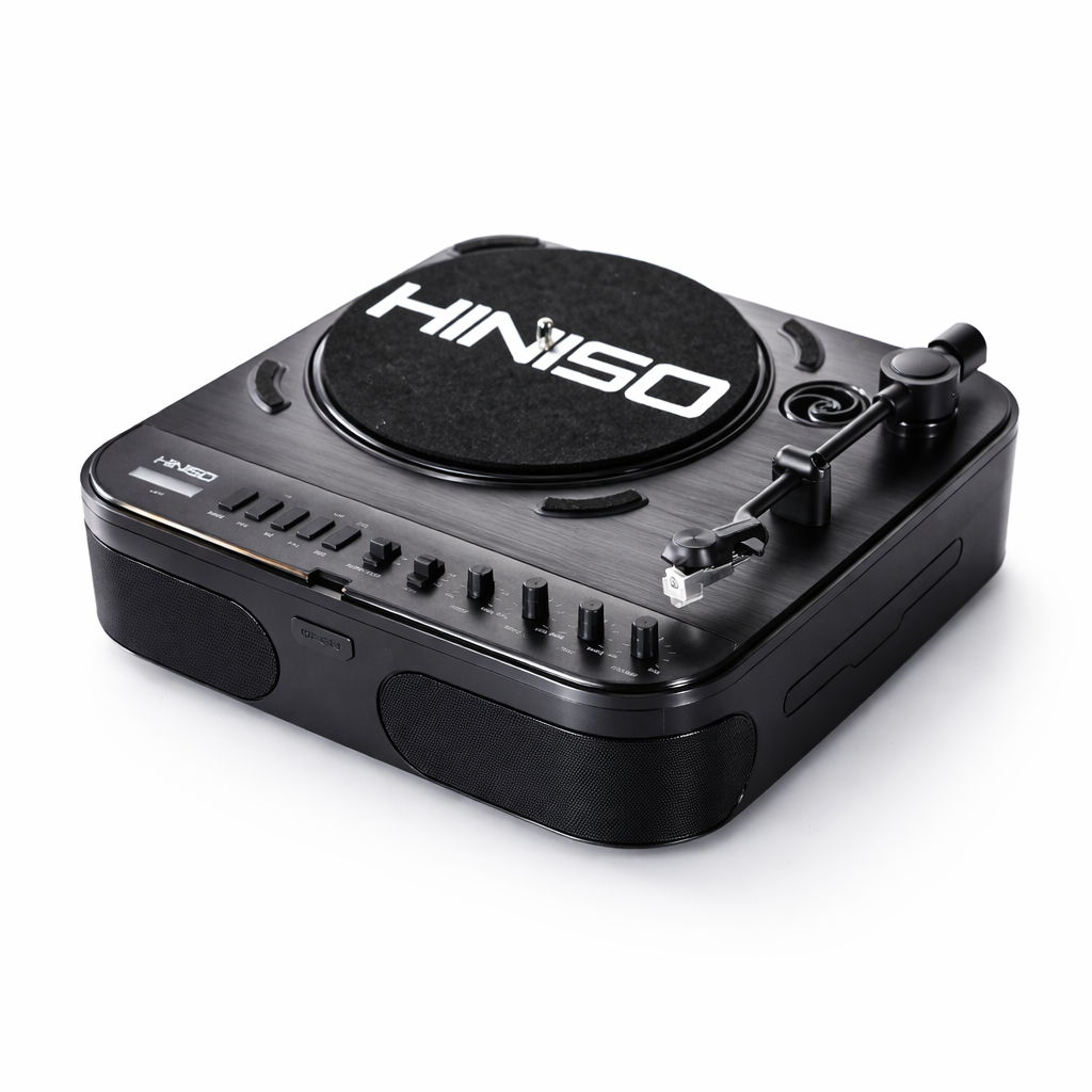 HINISO T501 Bluetooth Vinyl Record Player, 3-Speed Turntable (33/45/78 RPM), USB/SD Recording, FM Radio, RCA & AUX, Diamond Stylus
