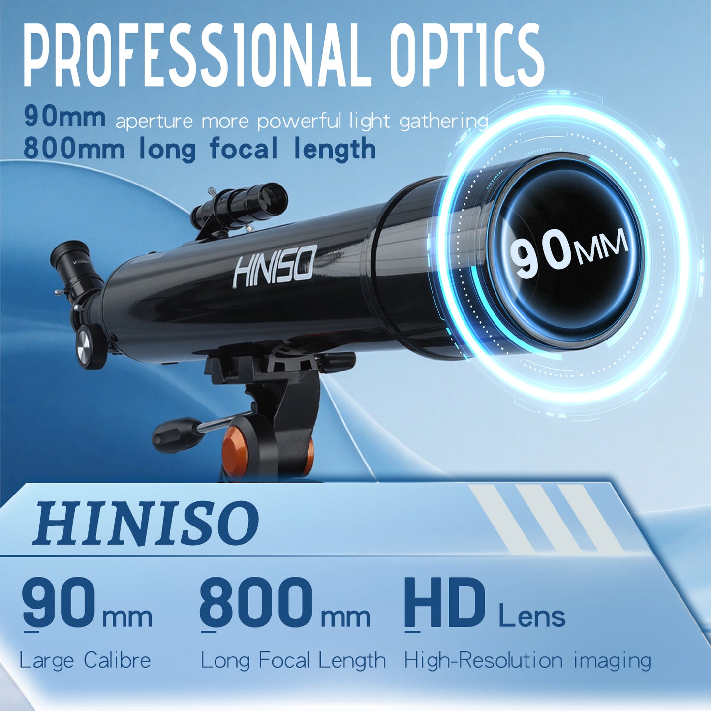 HINISO 90AZ Telescope 90mm Refractor 800mm Focal Length | 32x–240x | Moon Viewing | Steel Tripod, Phone Adapter & Carry Bag