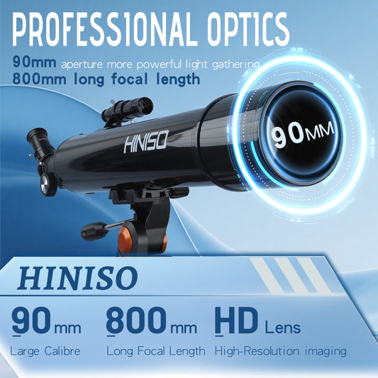 HINISO 90AZ Telescope 90mm Refractor 800mm Focal Length | 32x–240x | Moon Viewing | Steel Tripod, Phone Adapter & Carry Bag