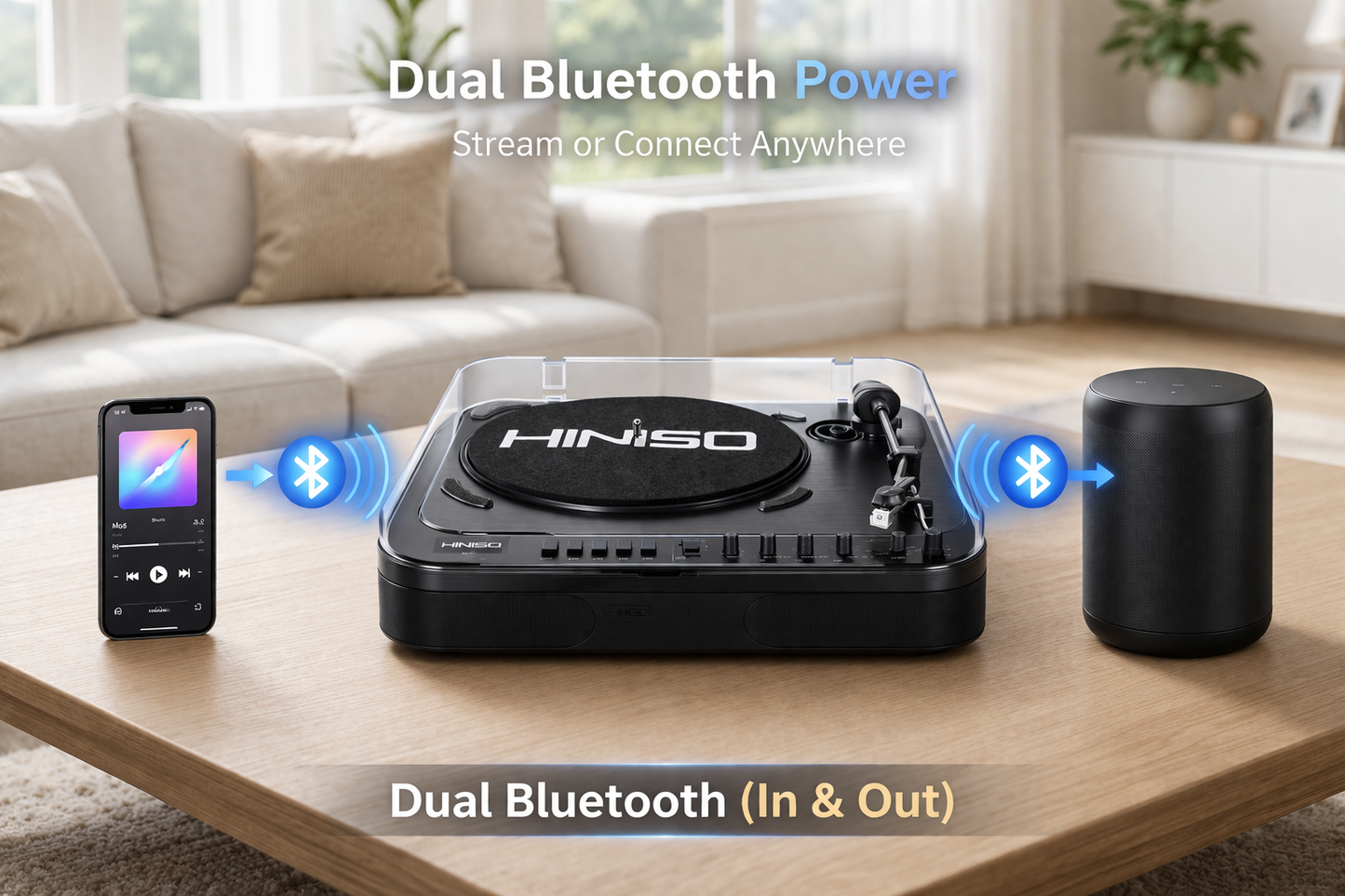 HINISO T501 Bluetooth Vinyl Record Player, 3-Speed Turntable (33/45/78 RPM), USB/SD Recording, FM Radio, RCA & AUX, Diamond Stylus