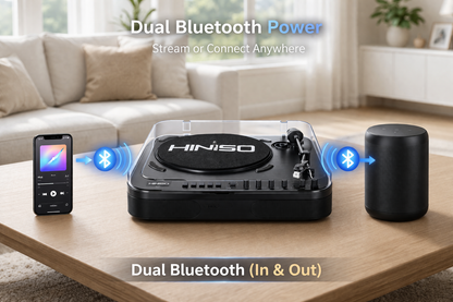 HINISO T501 Bluetooth Vinyl Record Player, 3-Speed Turntable (33/45/78 RPM), USB/SD Recording, FM Radio, RCA & AUX, Diamond Stylus