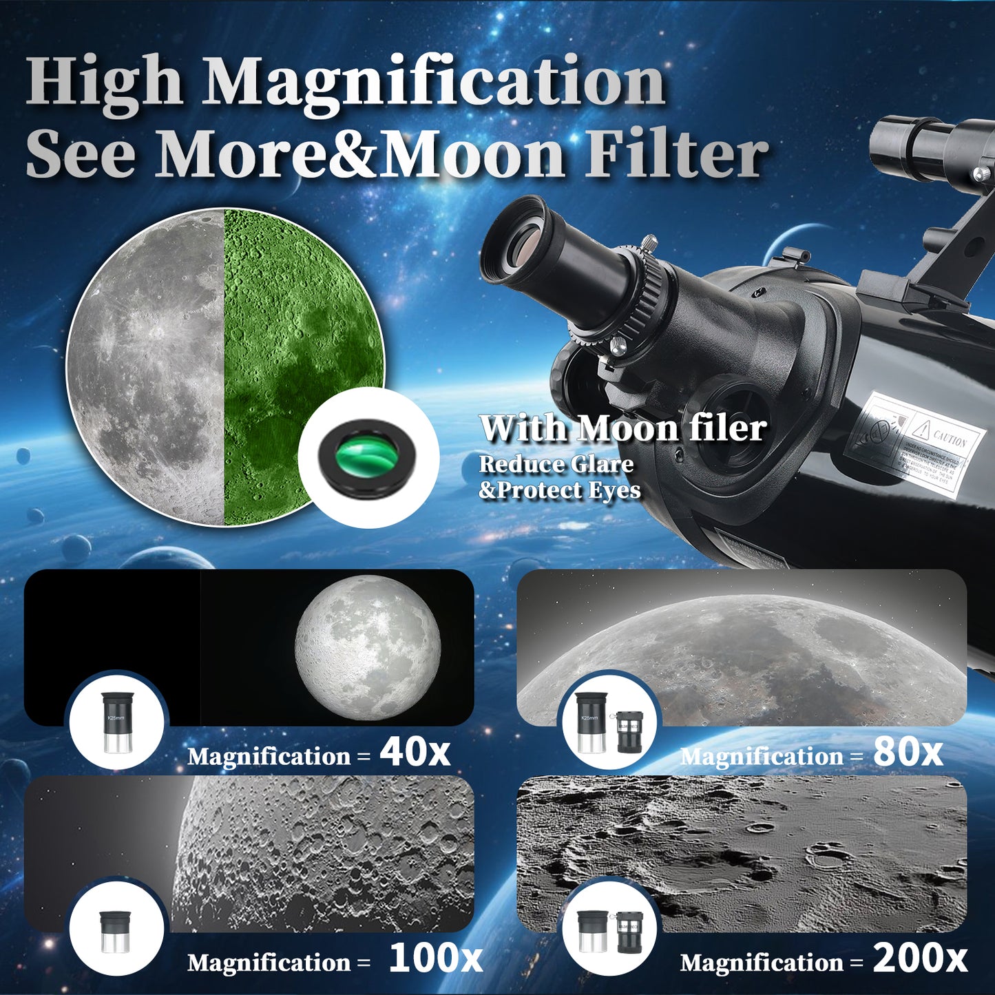 HINISO 114AZ Telescope 114mm Reflector 1000mm Focal Length | 40x–200x | Moon Viewing | Tripod, Phone Adapter & BT Remote