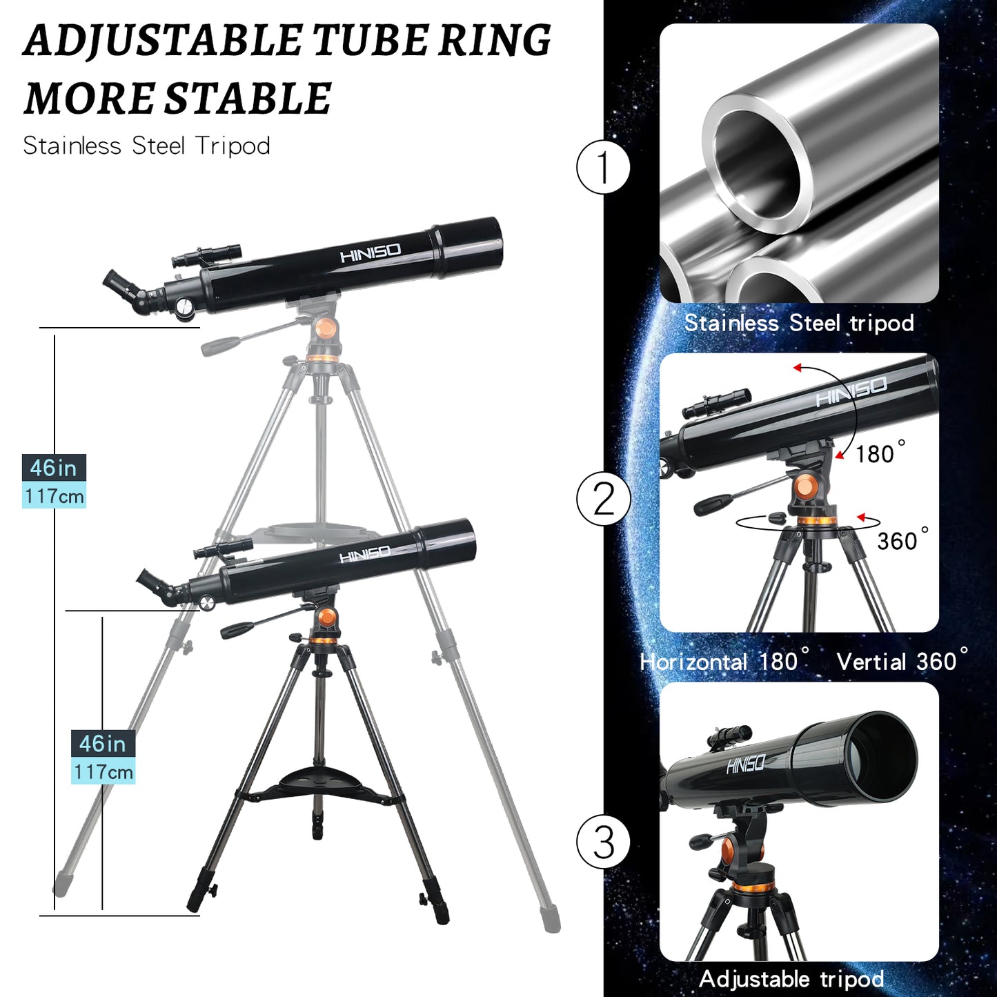 HINISO 90AZ Telescope 90mm Refractor 800mm Focal Length | 32x–240x | Moon Viewing | Steel Tripod, Phone Adapter & Carry Bag