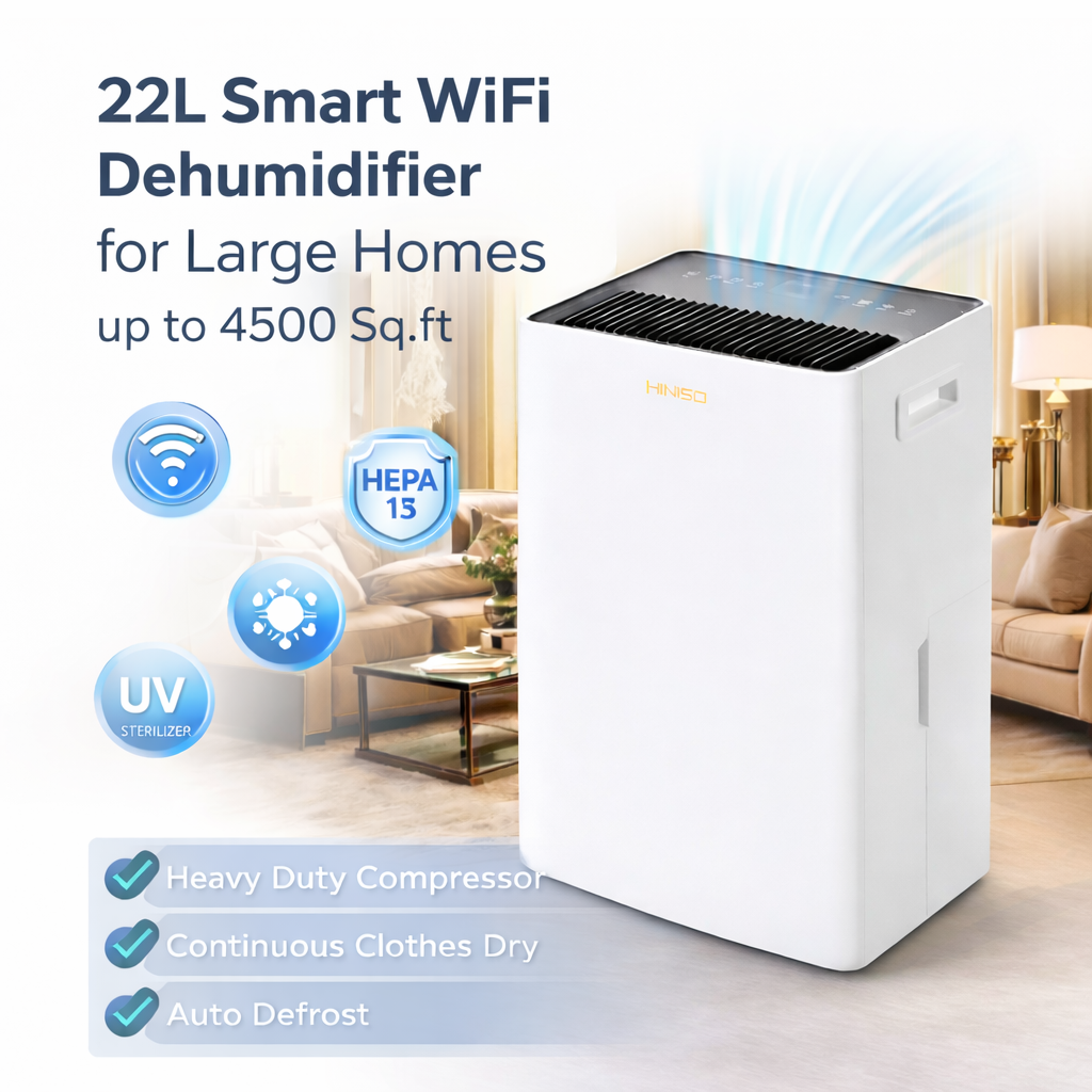HINISO 22L Smart WiFi Dehumidifier with HEPA 13 | 4500 Sq.ft Coverage | UV & Ionizer | 5.5L Tank | Auto Defrost | Clothes Dry Mode