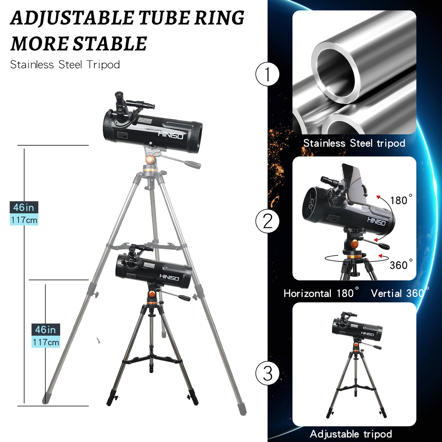 HINISO 114AZ Telescope 114mm Reflector 1000mm Focal Length | 40x–200x | Moon Viewing | Tripod, Phone Adapter & BT Remote