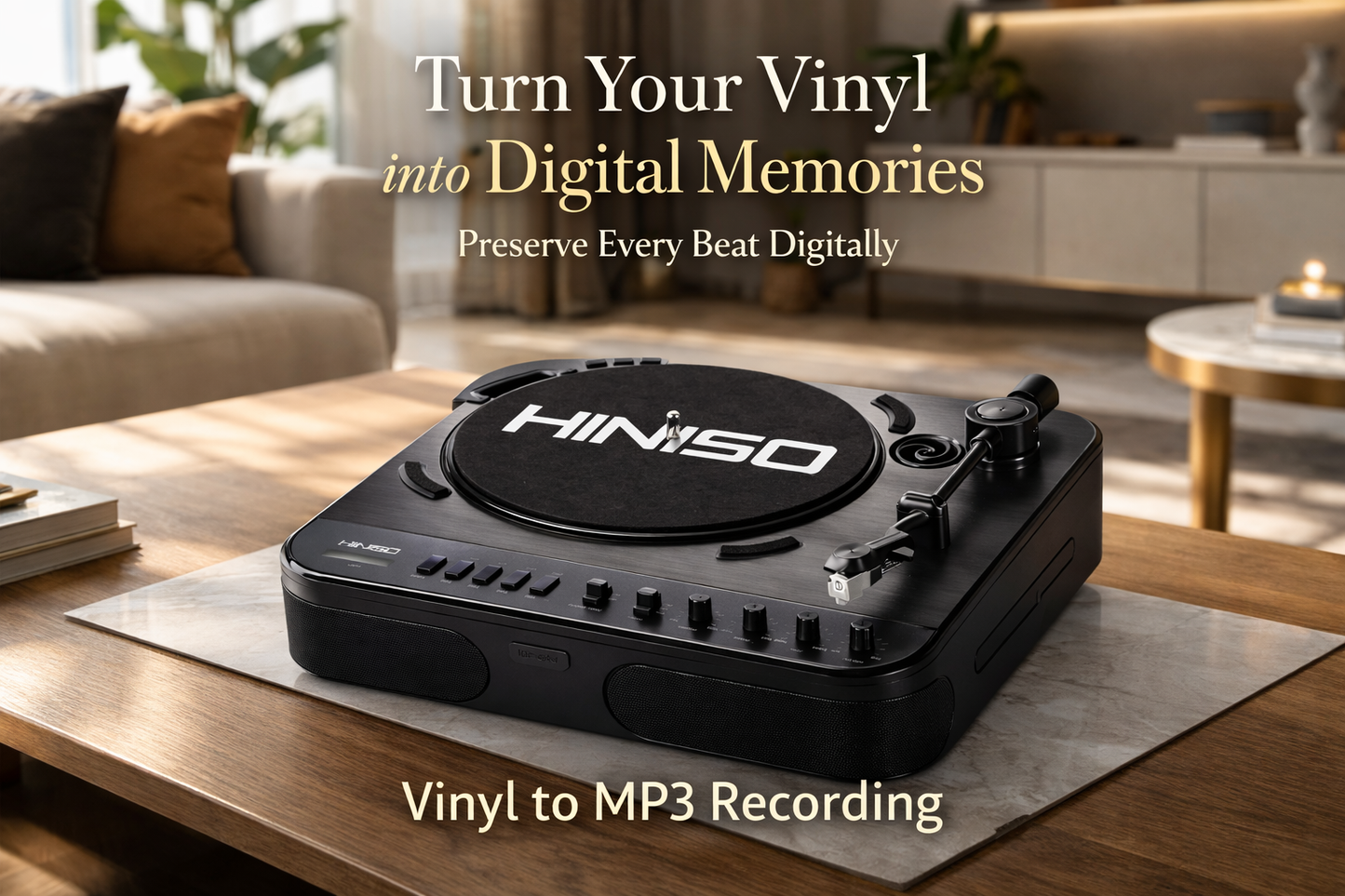 HINISO T501 Bluetooth Vinyl Record Player, 3-Speed Turntable (33/45/78 RPM), USB/SD Recording, FM Radio, RCA & AUX, Diamond Stylus