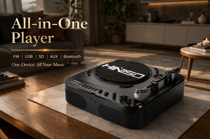HINISO T501 Bluetooth Vinyl Record Player, 3-Speed Turntable (33/45/78 RPM), USB/SD Recording, FM Radio, RCA & AUX, Diamond Stylus