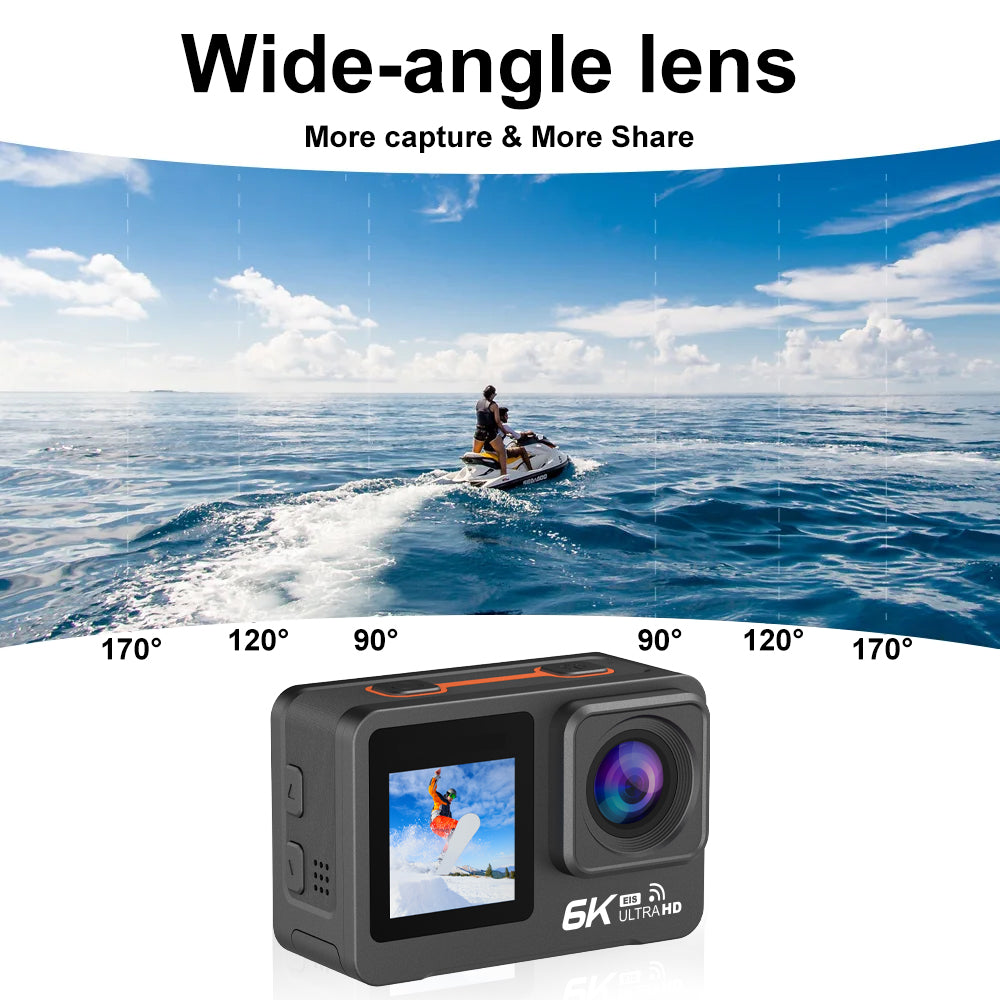 HINISO 6K Action Camera for Vlogging With Dual Touch Screen, 256GB, Remote Control, UHD, EIS, Waterproof Camera