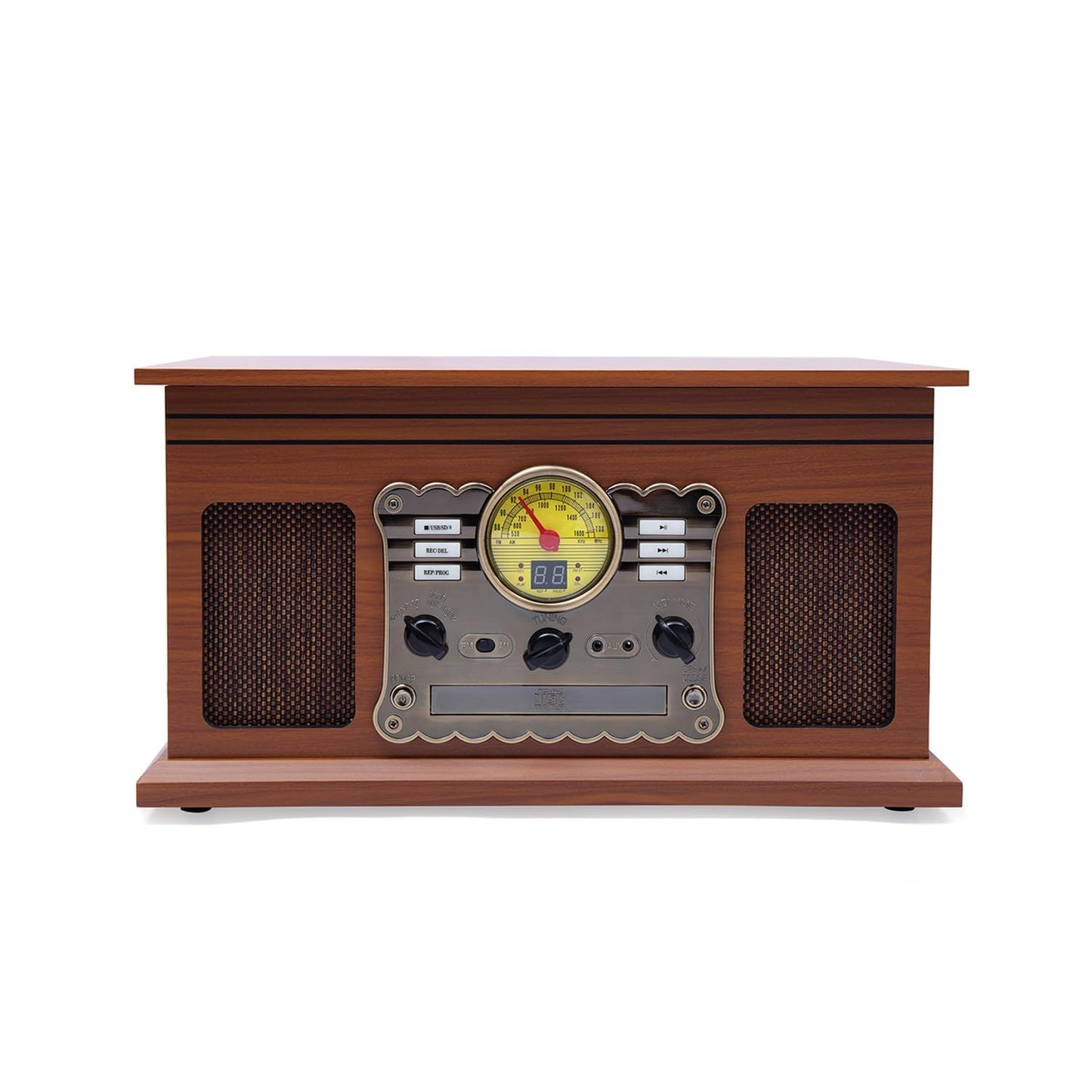 Hiniso 8-in-1 Vinyl Player with Bluetooth, USB Recording, CD/Cassette, FM, AUX, SD, Headphone Jack & Built-in Speakers | Convert Vinyl to MP3