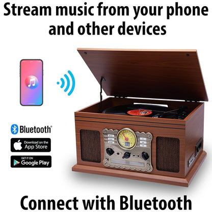 Hiniso 8-in-1 Vinyl Player with Bluetooth, USB Recording, CD/Cassette, FM, AUX, SD, Headphone Jack & Built-in Speakers | Convert Vinyl to MP3