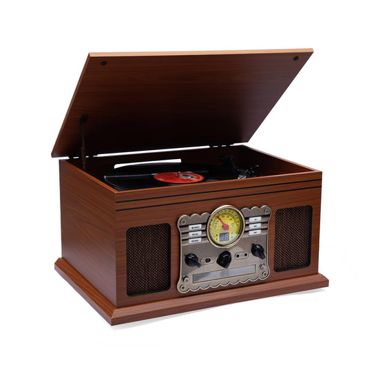 Hiniso 8-in-1 Vinyl Player with Bluetooth, USB Recording, CD/Cassette, FM, AUX, SD, Headphone Jack & Built-in Speakers | Convert Vinyl to MP3