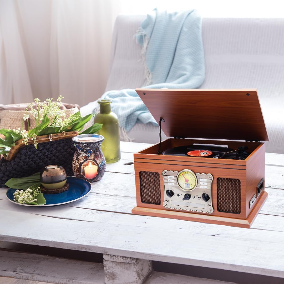 Hiniso 8-in-1 Vinyl Player with Bluetooth, USB Recording, CD/Cassette, FM, AUX, SD, Headphone Jack & Built-in Speakers | Convert Vinyl to MP3