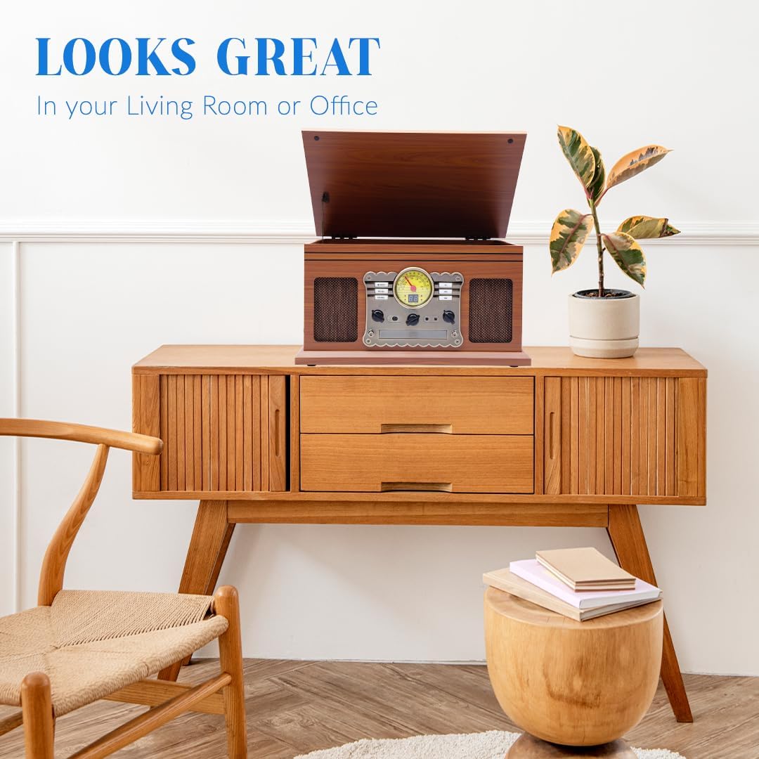 Hiniso 8-in-1 Vinyl Player with Bluetooth, USB Recording, CD/Cassette, FM, AUX, SD, Headphone Jack & Built-in Speakers | Convert Vinyl to MP3
