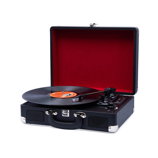 HINISO Portable 3-Speed Bluetooth Vintage Record Player | Suitcase Turntable with Built-in Speakers, USB, SD Card & Headphone Jack Support – Black