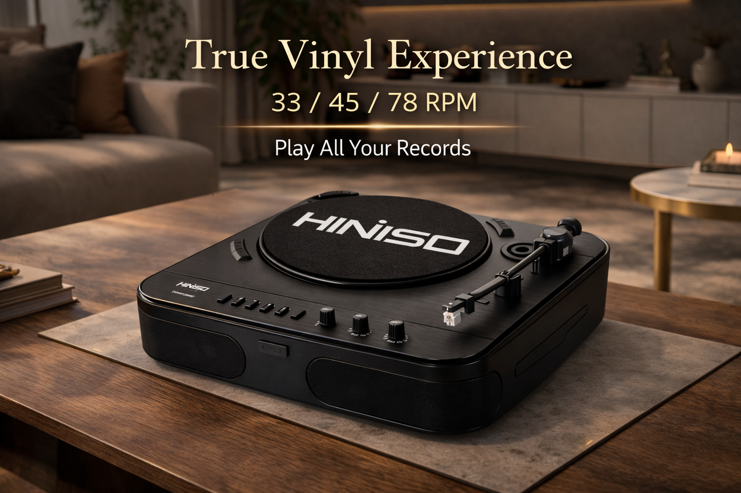 HINISO T501 Bluetooth Vinyl Record Player, 3-Speed Turntable (33/45/78 RPM), USB/SD Recording, FM Radio, RCA & AUX, Diamond Stylus