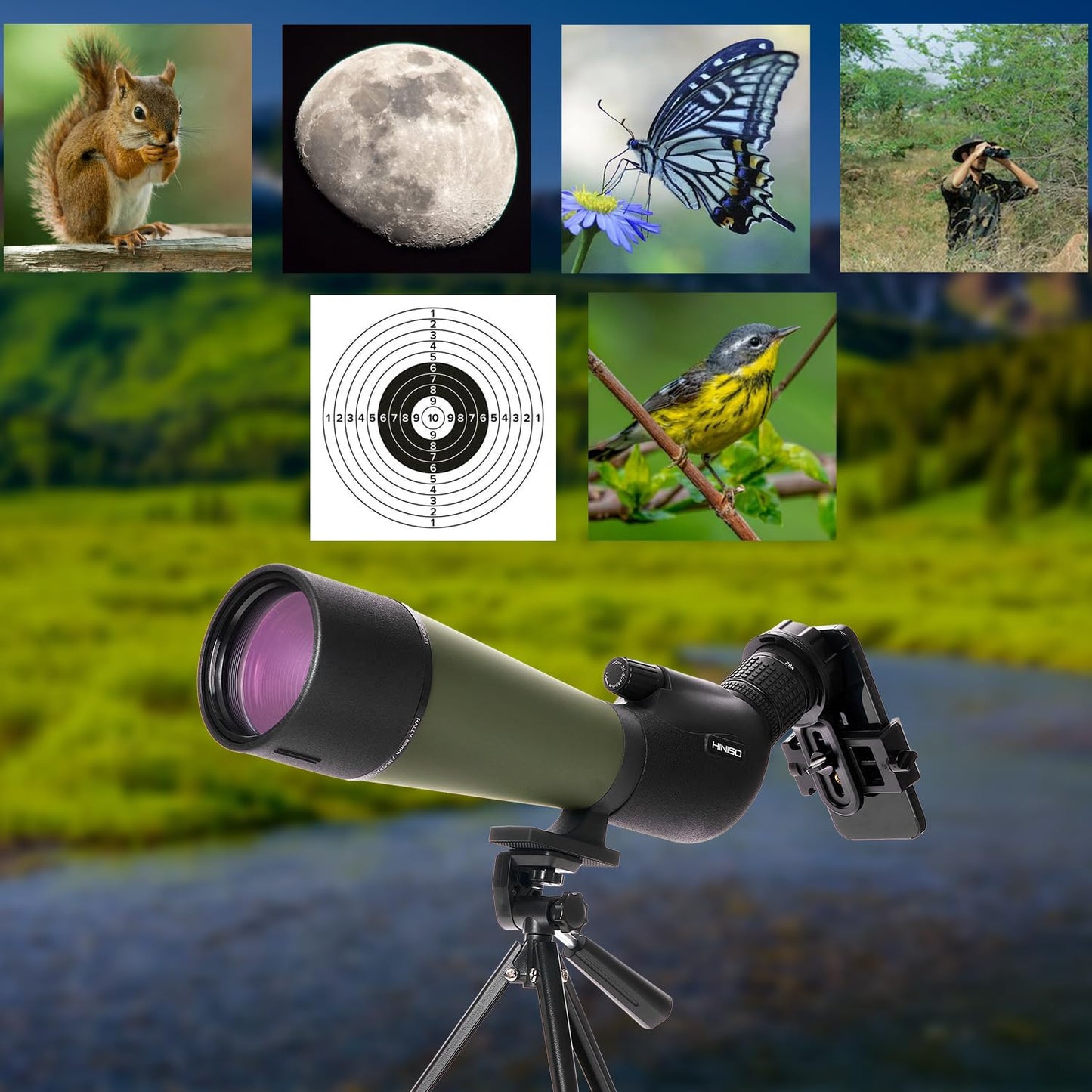 Hiniso 20-60x80 HD Spotting Scope with Tripod, Phone Adapter & Carry Bag | BAK4 Prism, Single Focus, Waterproof & Fogproof Telescope for Bird Watching, Stargazing & Target Shooting