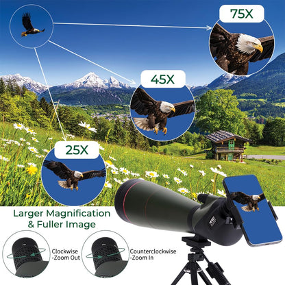 Hiniso 25-75x100 HD Spotting Scope with Tripod & Phone Adapter | Dual Focus Zoom Telescope with BAK4 Prism for Bird Watching, Stargazing & Target Shooting | Waterproof with Carry Case