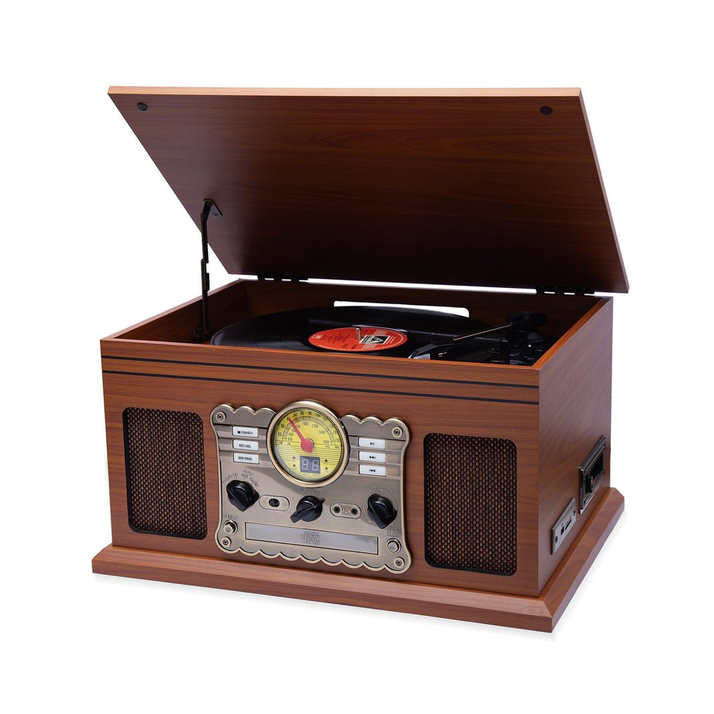 Hiniso 8-in-1 Vinyl Player with Bluetooth, USB Recording, CD/Cassette, FM, AUX, SD, Headphone Jack & Built-in Speakers | Convert Vinyl to MP3