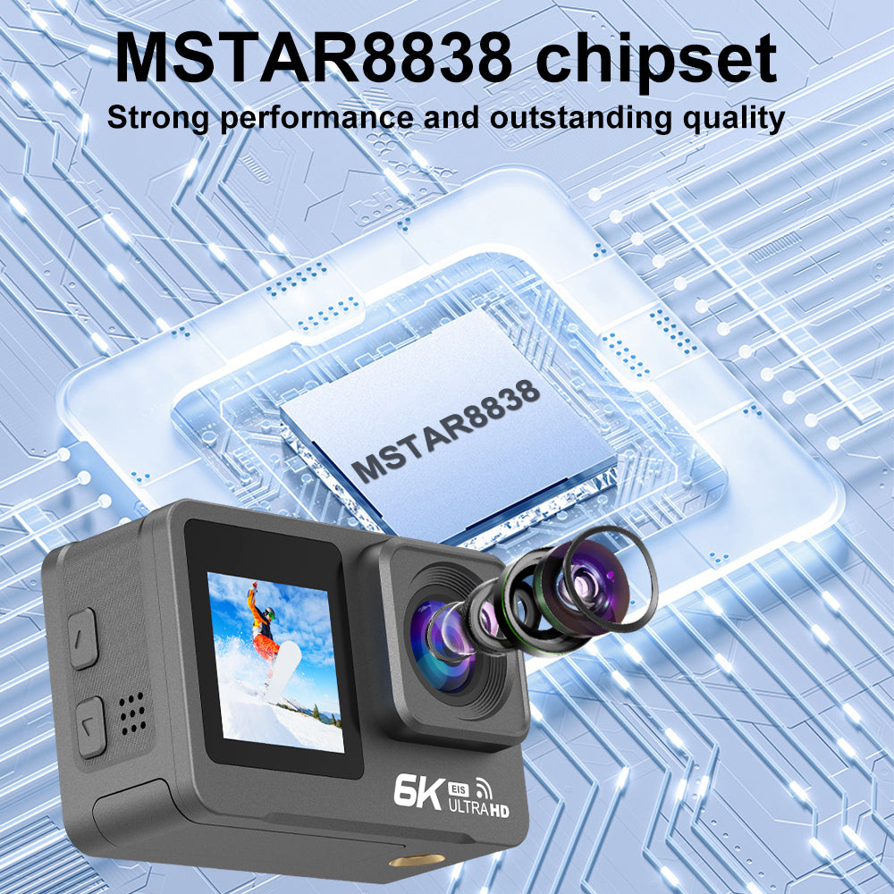 HINISO 6K Action Camera for Vlogging With Dual Touch Screen, 256GB, Remote Control, UHD, EIS, Waterproof Camera