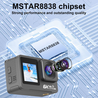 HINISO 6K Action Camera for Vlogging With Dual Touch Screen, 256GB, Remote Control, UHD, EIS, Waterproof Camera