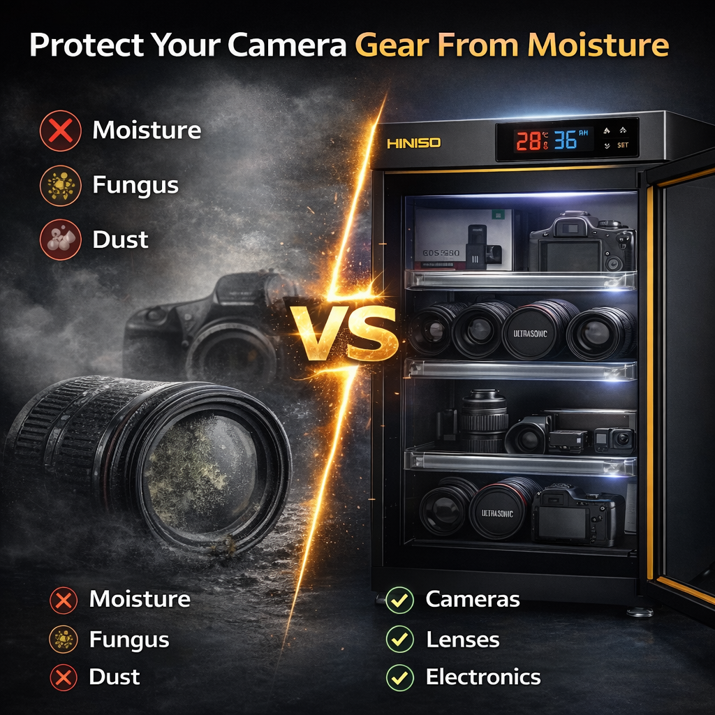 HINISO 80L Camera Dry Cabinet with UV Light & Touch Panel | Electronic Humidity Control 25–60% RH for DSLR & Lenses
