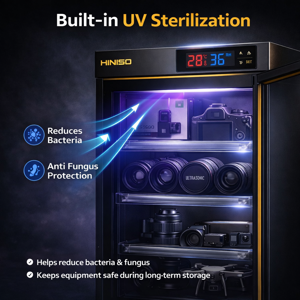 HINISO 80L Camera Dry Cabinet with UV Light & Touch Panel | Electronic Humidity Control 25–60% RH for DSLR & Lenses