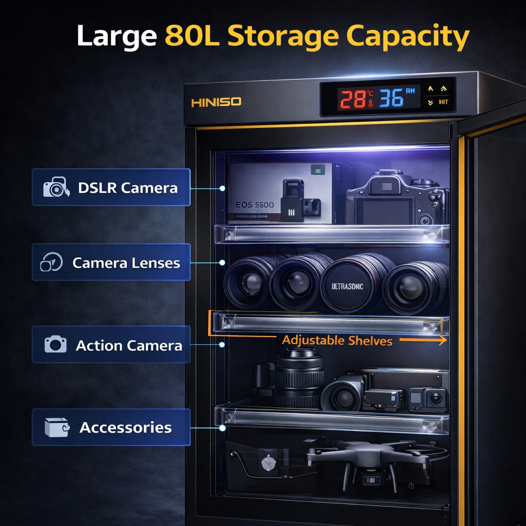 HINISO 80L Camera Dry Cabinet with UV Light & Touch Panel | Electronic Humidity Control 25–60% RH for DSLR & Lenses