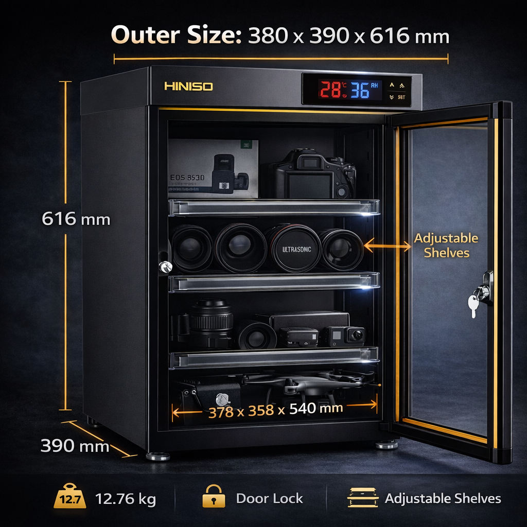 HINISO 80L Camera Dry Cabinet with UV Light & Touch Panel | Electronic Humidity Control 25–60% RH for DSLR & Lenses
