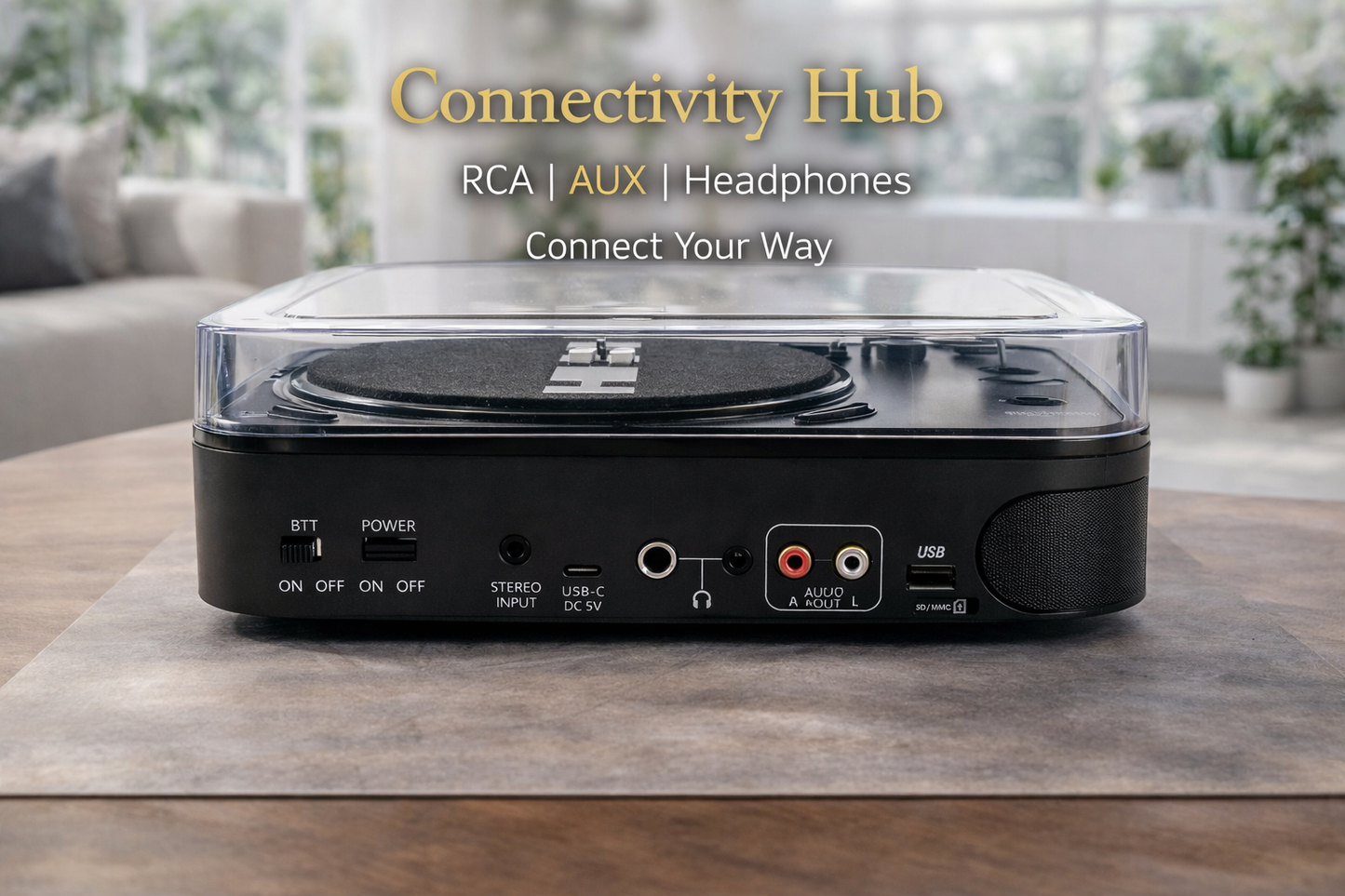 HINISO T501 Bluetooth Vinyl Record Player, 3-Speed Turntable (33/45/78 RPM), USB/SD Recording, FM Radio, RCA & AUX, Diamond Stylus