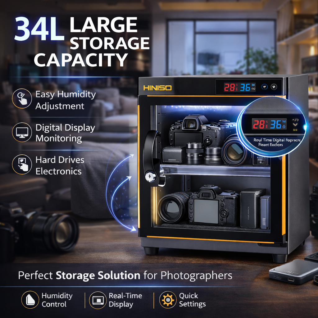 HINISO AD-30S 34L Camera Dry Cabinet | Touch Panel Humidity Control, UV Sterilization, Hygrometer, Anti-Fungus Storage Box