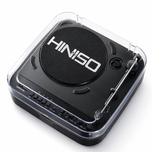 HINISO T501 Bluetooth Vinyl Record Player, 3-Speed Turntable (33/45/78 RPM), USB/SD Recording, FM Radio, RCA & AUX, Diamond Stylus