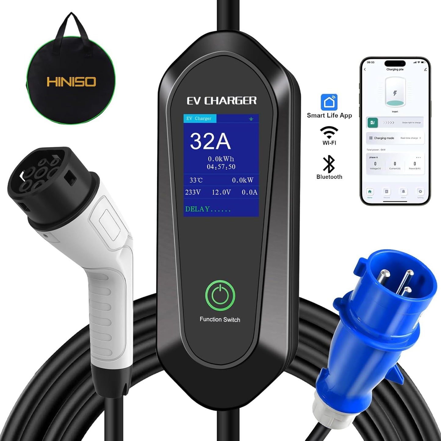 Hiniso 32A Portable EV Charger | Type 2, WiFi, IP67, LED