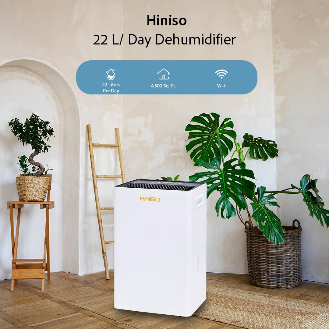 HINISO 22L Smart WiFi Dehumidifier | UV, Ionizer, App Control, 4500 Sq.ft | 5.5L Tank, Auto Defrost, Timer