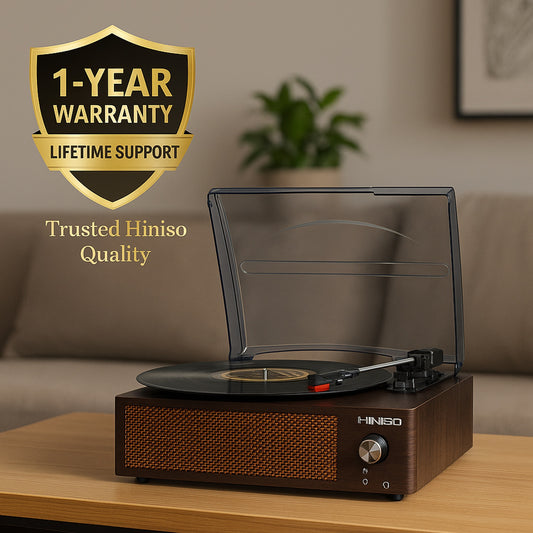 Hiniso T516 Bluetooth Vinyl Record Player | 3-Speed Turntable with Dust Cover & Built-in Stereo Speakers | Vintage Wooden Design | Bluetooth Input, AUX & RCA Output