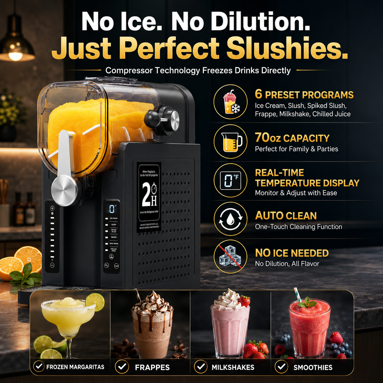 HINISO Slushie Maker Machine, 2.6L, No Ice Required, Compressor Cooling, Frozen Beverage, Frappé, Milkshake & Cocktail Maker