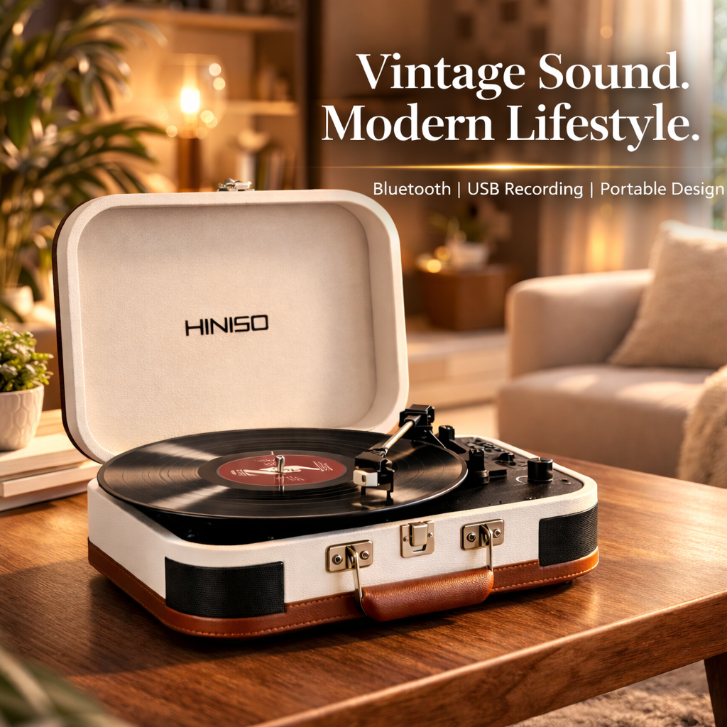 HINISO T601 Bluetooth Vinyl Record Player with Magnetic Cartridge & Diamond Stylus | 3-Speed Suitcase Turntable (33/45/78 RPM) | USB & SD Recording | Bluetooth Input & Output | Built-in Speakers