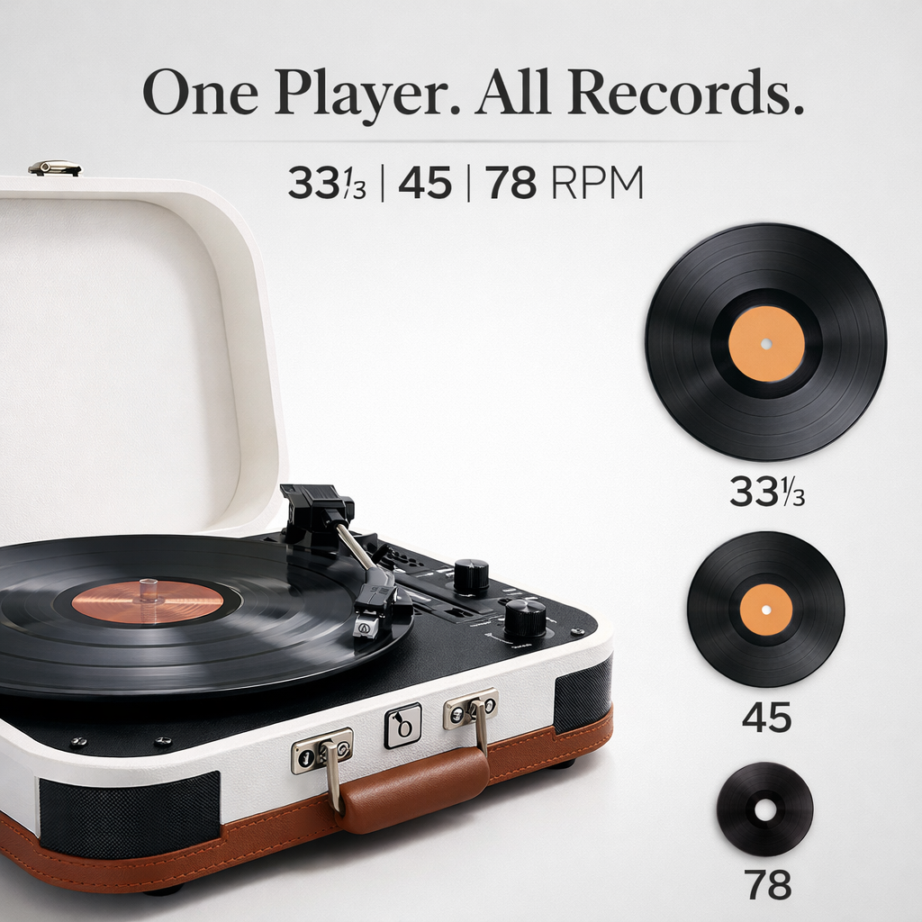 HINISO T601 Bluetooth Vinyl Record Player with Magnetic Cartridge & Diamond Stylus | 3-Speed Suitcase Turntable (33/45/78 RPM) | USB & SD Recording | Bluetooth Input & Output | Built-in Speakers