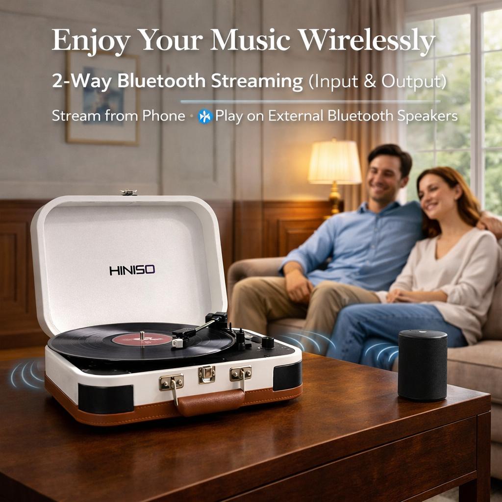 HINISO T601 Bluetooth Vinyl Record Player with Magnetic Cartridge & Diamond Stylus | 3-Speed Suitcase Turntable (33/45/78 RPM) | USB & SD Recording | Bluetooth Input & Output | Built-in Speakers