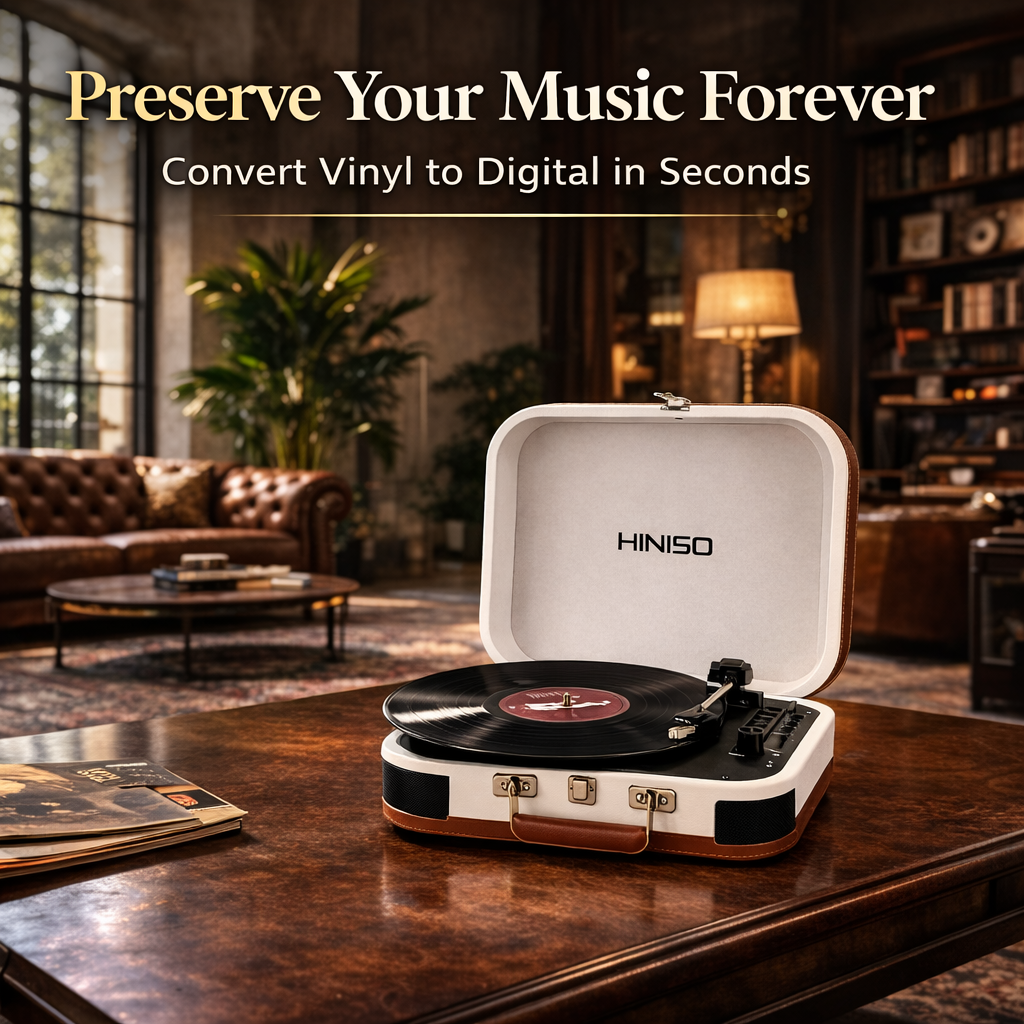 HINISO T601 Bluetooth Vinyl Record Player with Magnetic Cartridge & Diamond Stylus | 3-Speed Suitcase Turntable (33/45/78 RPM) | USB & SD Recording | Bluetooth Input & Output | Built-in Speakers
