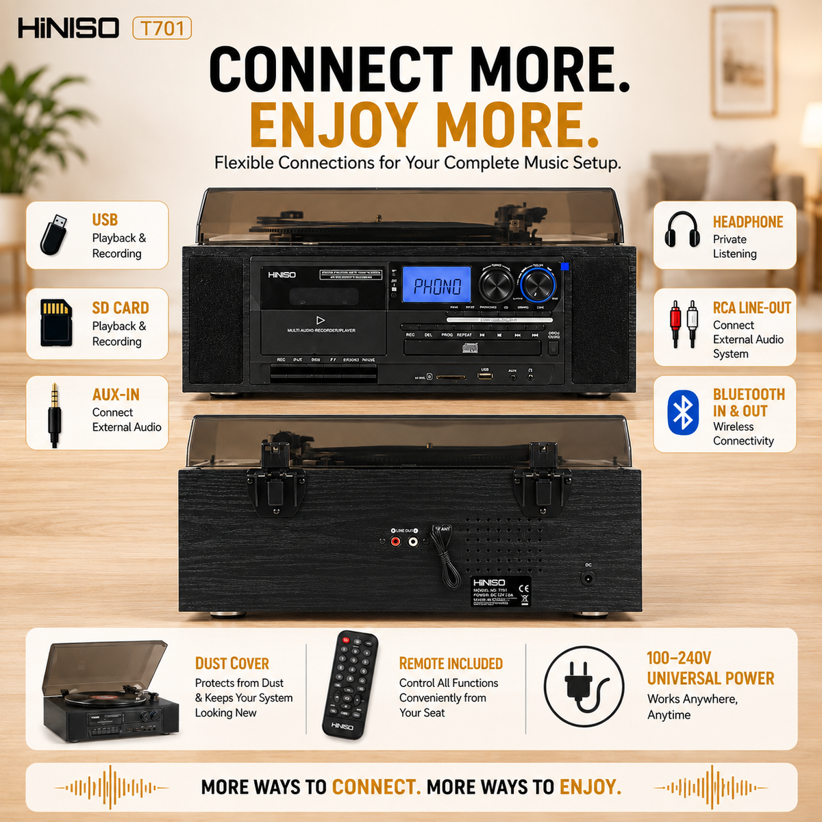 HINISO T701 10-in-1 Vinyl Turntable Record Player with Bluetooth, CD, Cassette
