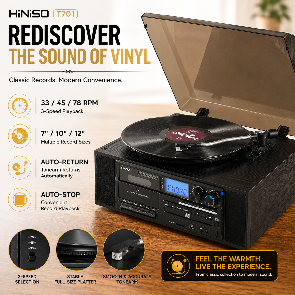 HINISO T701 10-in-1 Vinyl Turntable Record Player with Bluetooth, CD, Cassette