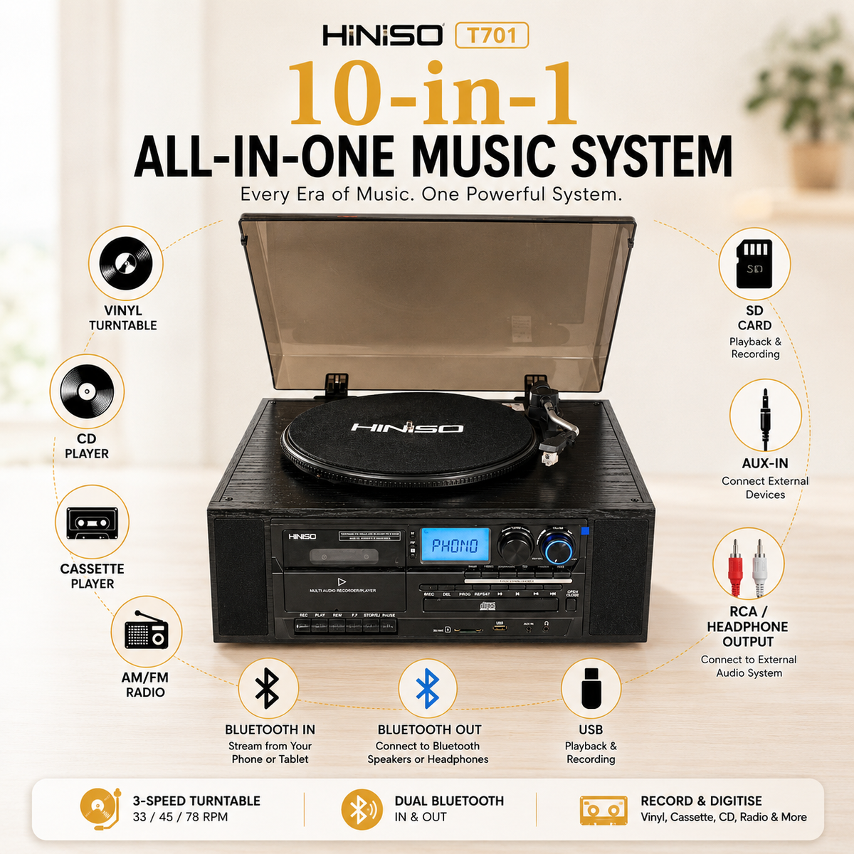 HINISO T701 10-in-1 Vinyl Turntable Record Player with Bluetooth, CD, Cassette